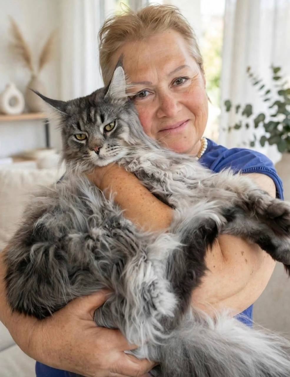 Maine Coon breeder holding a large silver Maine Coon at home