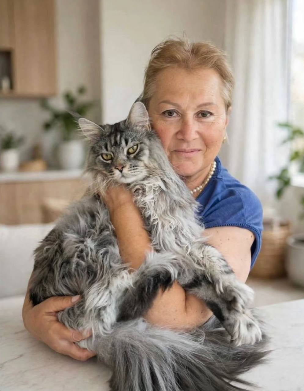Maine Coon breeder holding a silver Maine Coon in a bright home