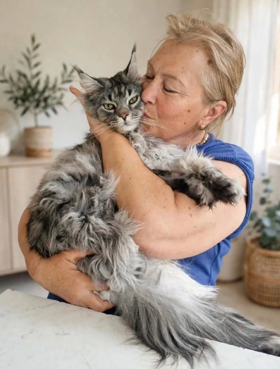 Maine Coon breeder sharing an affectionate moment with a silver Maine Coon